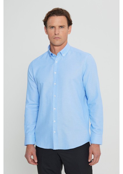 Erkek Mavi Düğmeli Yaka Kolay Ütülenebilir Pamuklu Slim Fit Dar Kesim Oxford Gömlek