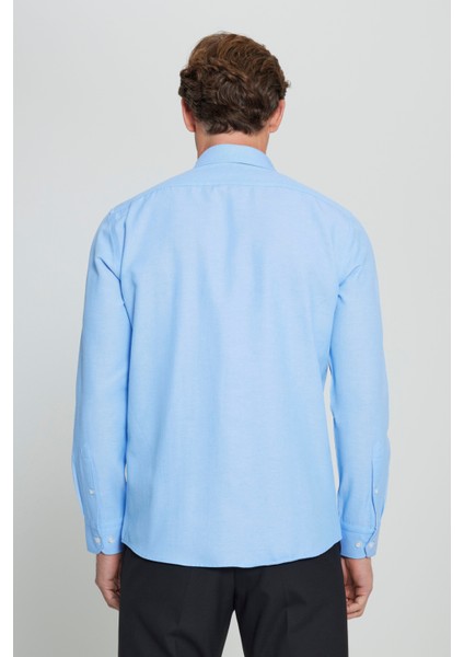 Erkek Mavi Düğmeli Yaka Kolay Ütülenebilir Pamuklu Slim Fit Dar Kesim Oxford Gömlek