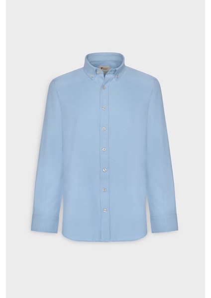 Erkek Mavi Düğmeli Yaka Kolay Ütülenebilir Pamuklu Slim Fit Dar Kesim Oxford Gömlek