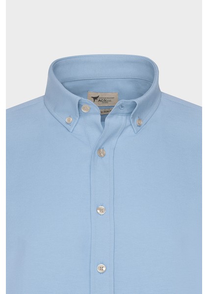 Erkek Mavi Düğmeli Yaka Kolay Ütülenebilir Pamuklu Slim Fit Dar Kesim Oxford Gömlek