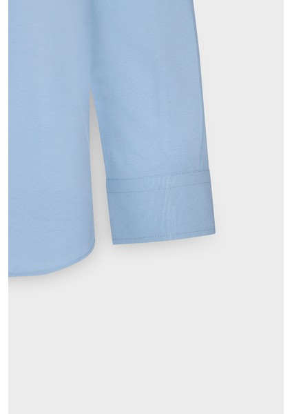 Erkek Mavi Düğmeli Yaka Kolay Ütülenebilir Pamuklu Slim Fit Dar Kesim Oxford Gömlek