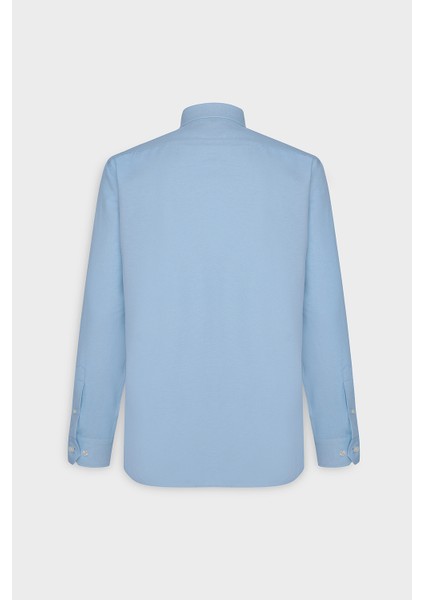Erkek Mavi Düğmeli Yaka Kolay Ütülenebilir Pamuklu Slim Fit Dar Kesim Oxford Gömlek