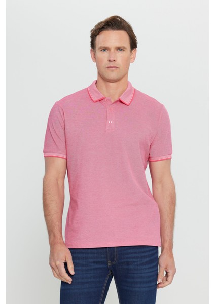 AC&Co / Altınyıldız Classics Erkek Çekmeyen Pamuklu Kumaş Slim Fit Dar Kesim Fuşya-Beyaz Kıvrılmaz Polo Yaka Tişört