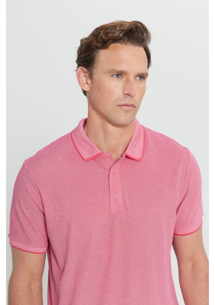 AC&Co / Altınyıldız Classics Erkek Çekmeyen Pamuklu Kumaş Slim Fit Dar Kesim Fuşya-Beyaz Kıvrılmaz Polo Yaka Tişört