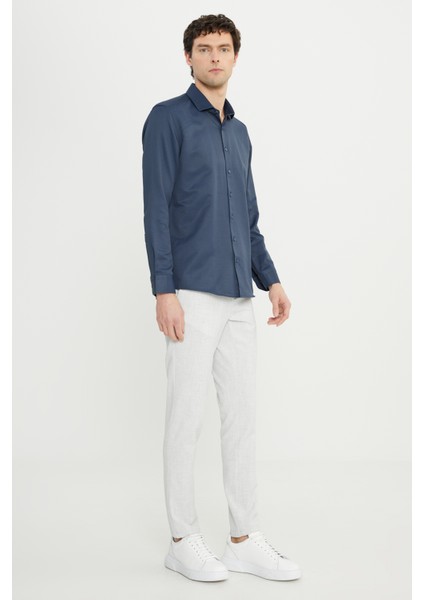 Erkek Lacivert Slim Fit Dar Kesim Italyan Yaka Armürlü Gömlek