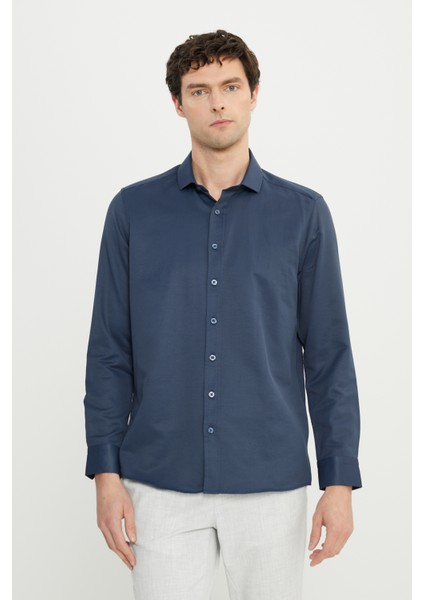 Erkek Lacivert Slim Fit Dar Kesim Italyan Yaka Armürlü Gömlek