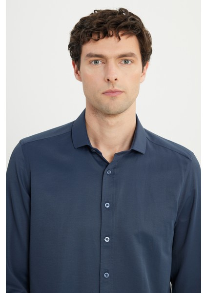 Erkek Lacivert Slim Fit Dar Kesim Italyan Yaka Armürlü Gömlek