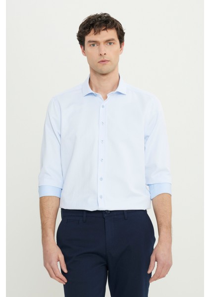 Erkek Mavi Slim Fit Dar Kesim Italyan Yaka Armürlü Gömlek