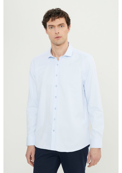 Erkek Mavi Slim Fit Dar Kesim Italyan Yaka Armürlü Gömlek modelleri