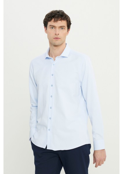 Erkek Mavi Slim Fit Dar Kesim Italyan Yaka Armürlü Gömlek fırsatları