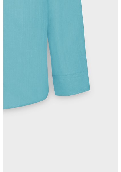 Erkek Turkuaz Slim Fit Düğmeli Yaka Keten Görünümlü %100 Pamuk Flamlı Gömlek