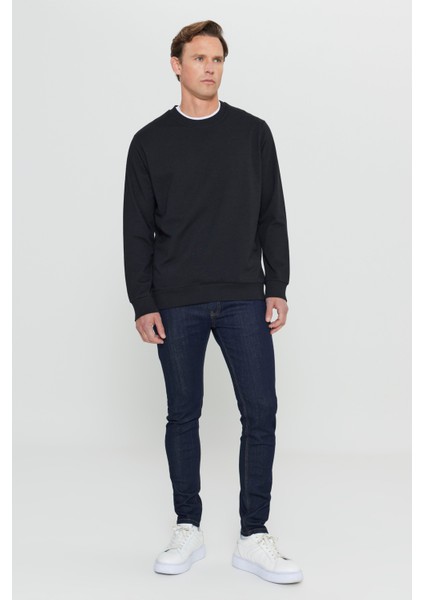 Erkek Siyah Standart Fit Normal Kesim 2 İplik Recycle Pamuklu Bisiklet Yaka Sweatshirt