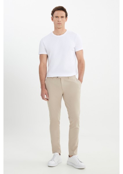 Erkek Bej Slim Fit İtalyan Kesim Yan Cepli Esnek Casual Pantolon