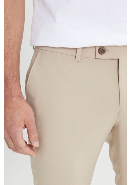 Erkek Bej Slim Fit İtalyan Kesim Yan Cepli Esnek Casual Pantolon