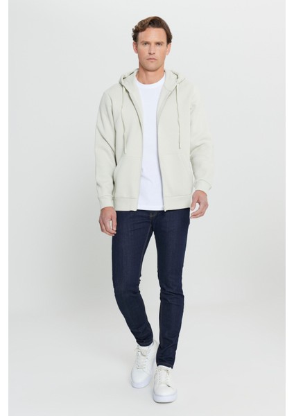 Erkek Bej Standart Fit Normal Kesim Içi Polarlı 3 Iplik Kapüşonlu Fermuarlı Sweatshirt Ceket