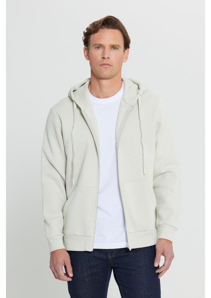 Erkek Bej Standart Fit Normal Kesim Içi Polarlı 3 Iplik Kapüşonlu Fermuarlı Sweatshirt Ceket