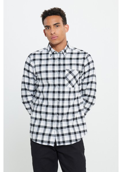 Erkek Siyah-gri Slim Fit Dar Kesim Düğmeli Yaka Sıcak Tutan Kareli Kışlık Flanel Oduncu Gömlek