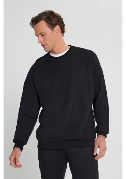Erkek Siyah Oversize Bol Kesim 3 Iplik Bisiklet Yaka Pamuklu Sweatshirt