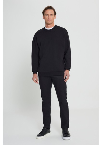 Erkek Siyah Oversize Bol Kesim 3 Iplik Bisiklet Yaka Pamuklu Sweatshirt