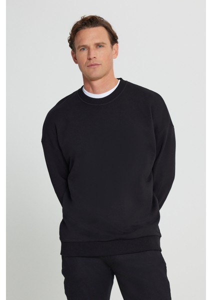 Erkek Siyah Oversize Bol Kesim 3 Iplik Bisiklet Yaka Pamuklu Sweatshirt