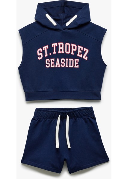 Pamuklu Kapşonlu Kolsuz Tişört ve Şort Seti