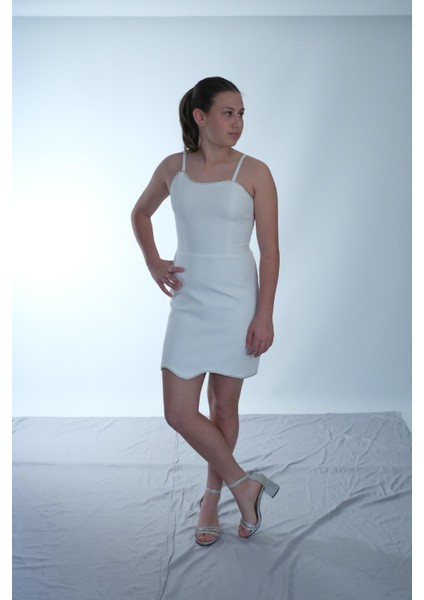 Kız Çocuk Abiye Krep Kumaş Krem Mini Şerit Taşlı Askılı Çıkabilen Tül Kuyruklu Abiye Elbise 10-15 Yaş modelleri