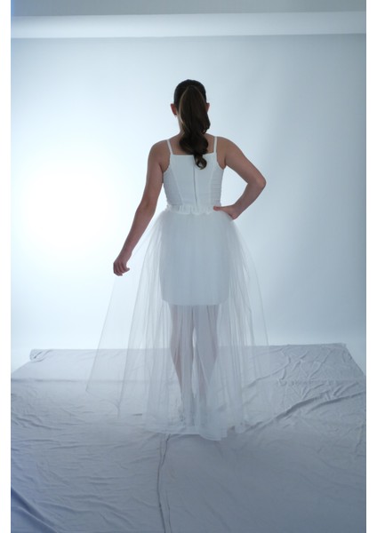 Kız Çocuk Abiye Krep Kumaş Krem Mini Şerit Taşlı Askılı Çıkabilen Tül Kuyruklu Abiye Elbise 10-15 Yaş indirimleri