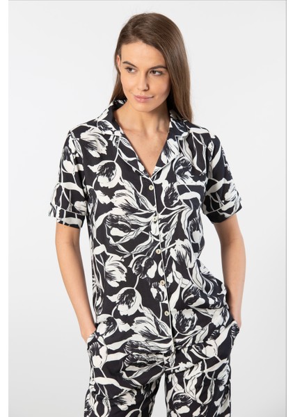 Kadın Desenli Kısa Kol Dokuma Pijama Takımı 3604/SIYAH2