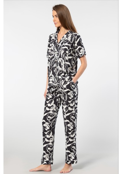 Kadın Desenli Kısa Kol Dokuma Pijama Takımı 3604/SIYAH2