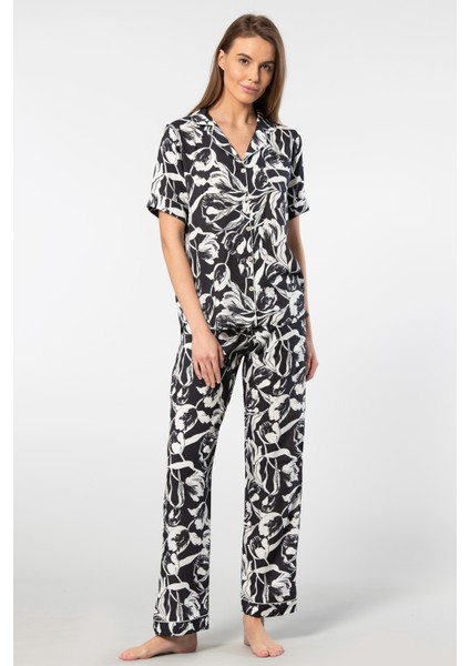 Kadın Desenli Kısa Kol Dokuma Pijama Takımı 3604/SIYAH2