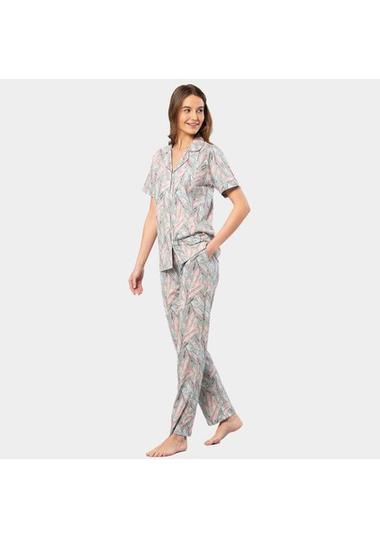 Yaprak Desenli Kısa Kollu Gömlek Yaka Pijama Takımı 3395/GRI