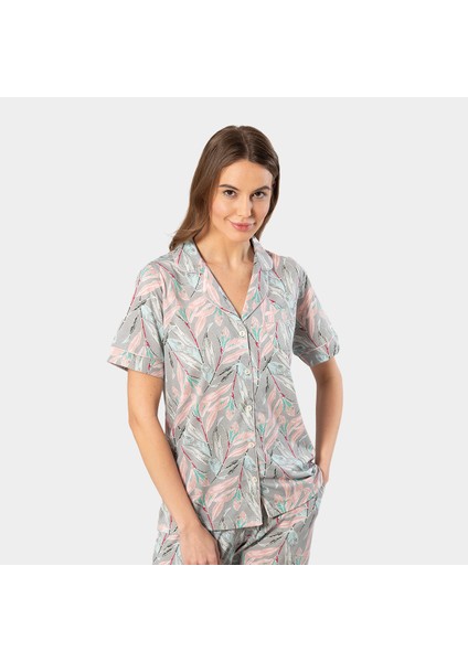Yaprak Desenli Kısa Kollu Gömlek Yaka Pijama Takımı 3395/GRI fiyatları