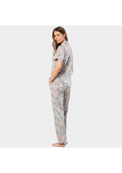 Yaprak Desenli Kısa Kollu Gömlek Yaka Pijama Takımı 3395/GRI fırsatları