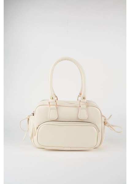 Kadın Krem Kırışık Parlak Deri Fermuar Kapama Askılı El Kol Ve Omuz Çantası