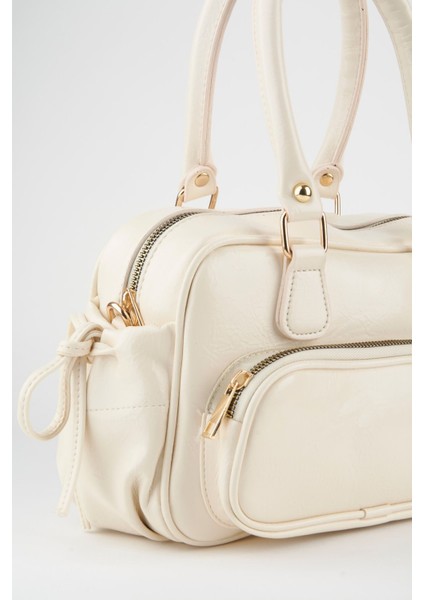 Kadın Krem Kırışık Parlak Deri Fermuar Kapama Askılı El Kol Ve Omuz Çantası fırsatları