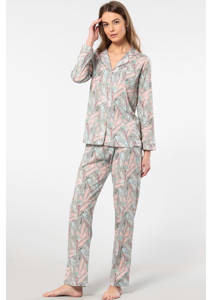 Yaprak Desenli Uzun Kollu Gömlek Yaka Pijama Takımı 3394