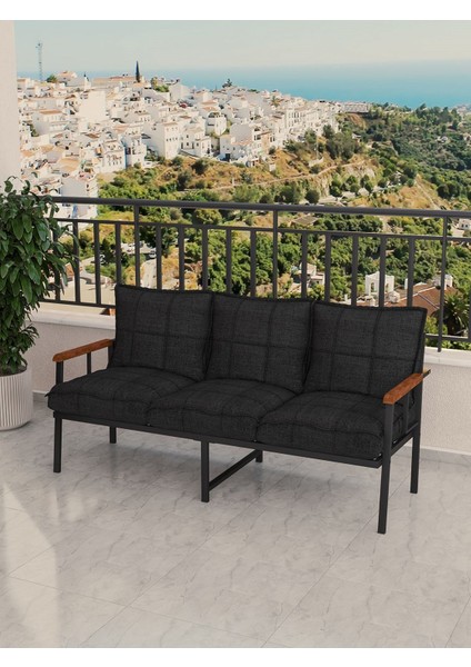 Modern Serisi Bahçe Takımı, Bahçe Mobilyası, Metal Koltuk Takımı - 3+1+1 Sehpalı - Bendir Siyah