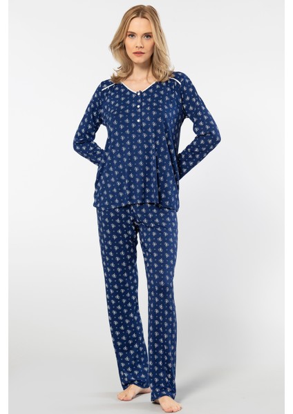 Çiçek Desenli Uzun Kollu Patlı Pijama Takımı 3382/LACIVERT