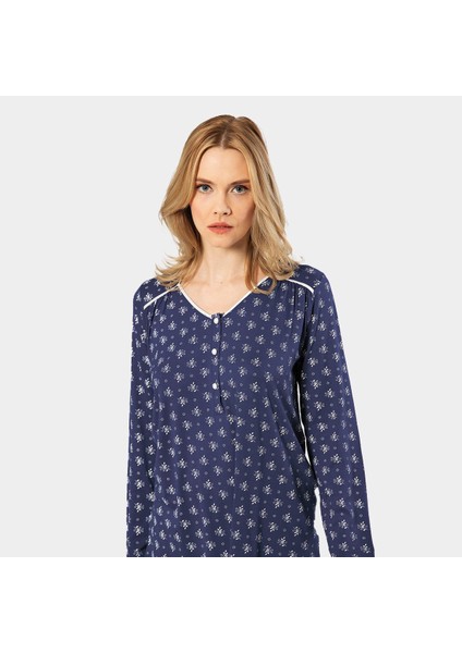 Çiçek Desenli Uzun Kollu Patlı Pijama Takımı 3382/LACIVERT
