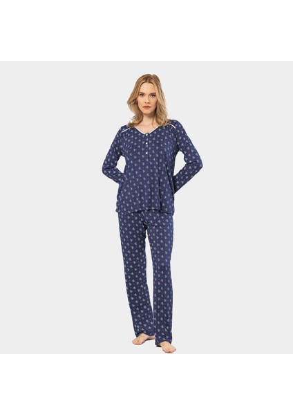 Çiçek Desenli Uzun Kollu Patlı Pijama Takımı 3382/LACIVERT