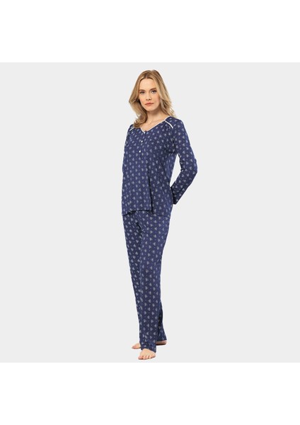Çiçek Desenli Uzun Kollu Patlı Pijama Takımı 3382/LACIVERT
