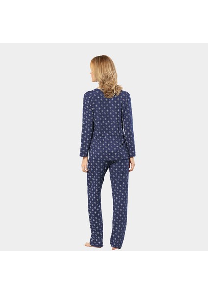 Çiçek Desenli Uzun Kollu Patlı Pijama Takımı 3382/LACIVERT