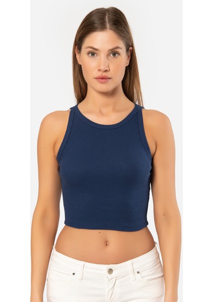 Kadın Fitilli Crop T-Shirt 3404/LACIVERT