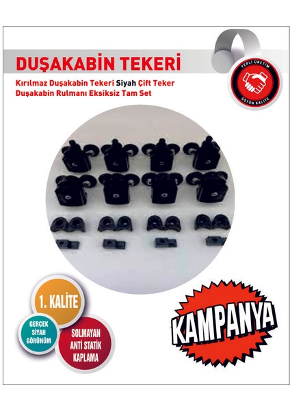 Kırılmaz Duşakabin Tekeri Siyah Çift Teker Duşakabin Rulmanı Eksiksiz Tam Set