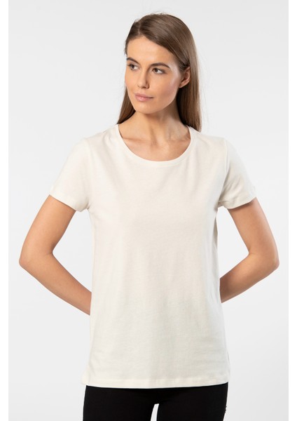 London Kısa Kollu Bisiklet Yaka Kadın T-Shirt Krem