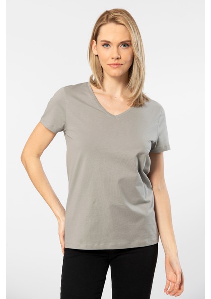 Venice Gri Kısa Kollu V Yaka Kadın T-Shirt fiyatları