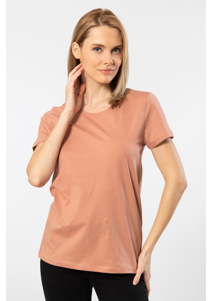 London Kısa Kollu Bisiklet Yaka Kadın T-Shirt Somon