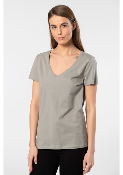 Milano Kısa Kol Derin V Yaka Kadın T-Shirt Gri
