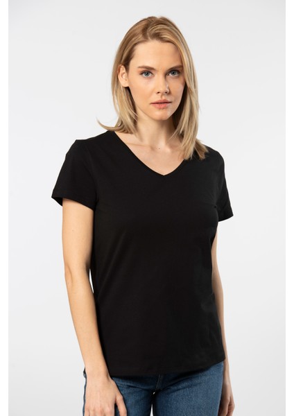 Siyah Venice Kısa Kollu V Yaka Kadın T-Shirt fiyatları