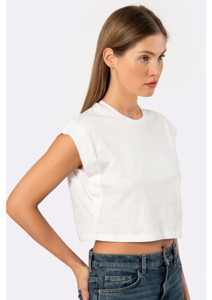 Kadın Vatka Görünümlü Crop T-Shirt 3402/BEYAZ